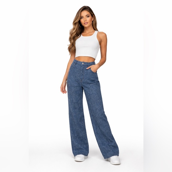 PrettyLittleThing Denim - PrettyLittleThing Blue Bobble Texture High Waist Straight Leg Jeans Size 8